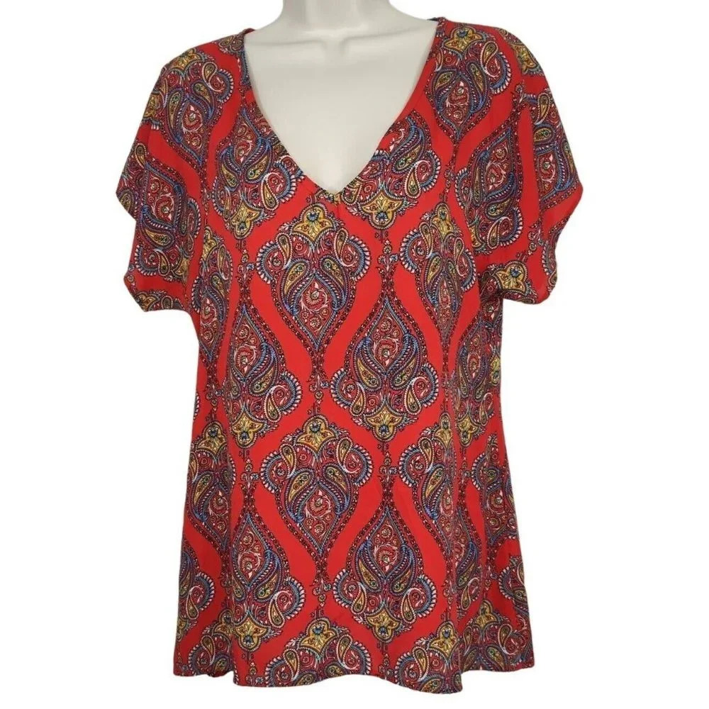Show Me Your Mumu Red Vneck Tunic Top Women Size XS Short Sleeve Oversize